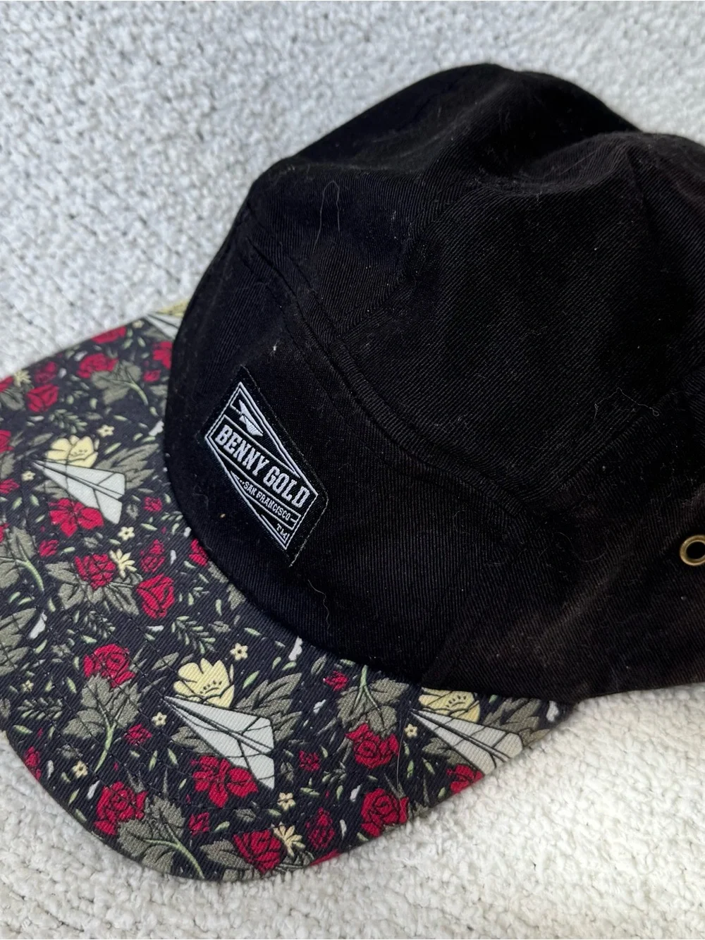 Benny Gold 5 Panel Camp Cap Black Floral Paper Airplane Brim Hat